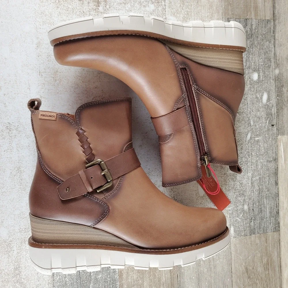Pikolinos Sanlucar Womens Ankle Boots Sz 6.5 Brown Leather Side Zip Wedge Heel